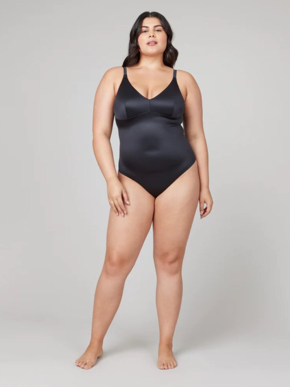 SPANX Shaping Satin Thong Bodysuit, L, Black